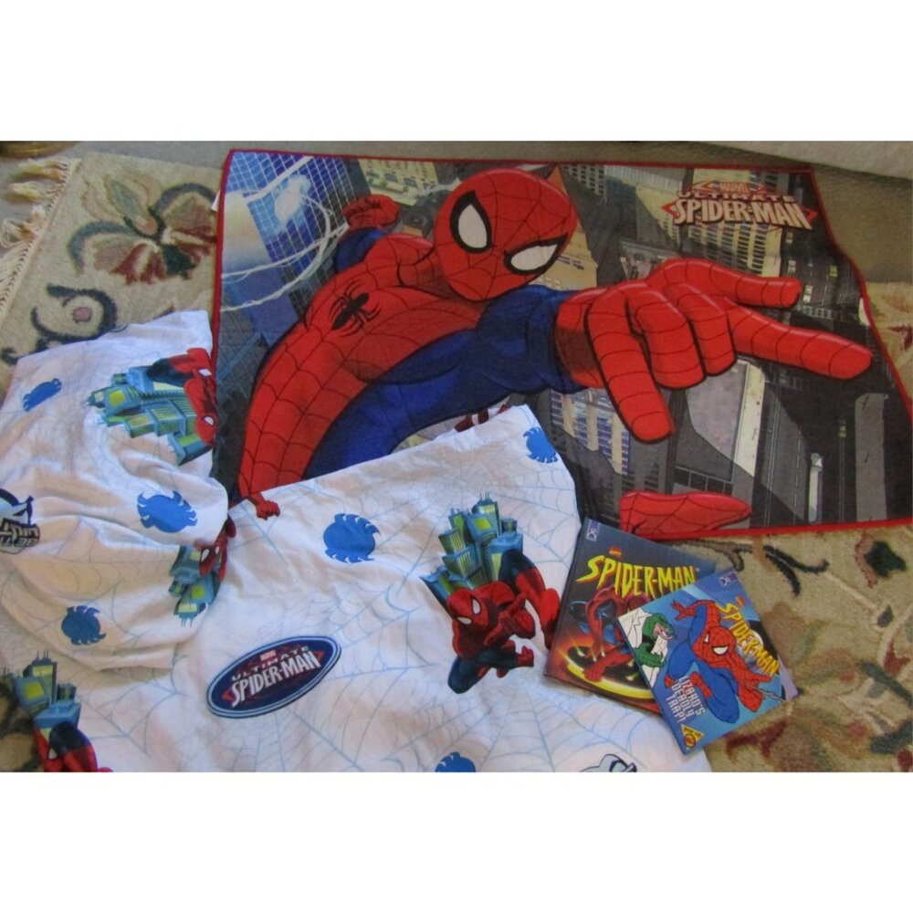 Lot Spider Man Spiderman Marvel Full Flat/Fitted Sheet Set, Rug, Pop Up Book